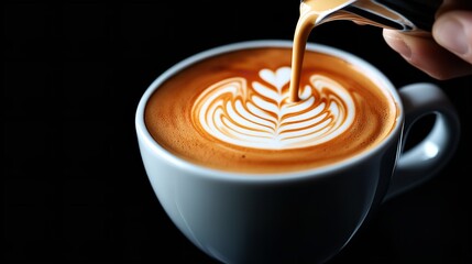 A hand carefully pours steamed milk into a rich espresso, forming intricate latte art in a white cup against a dark backdrop, showcasing coffee craftsmanship and skill