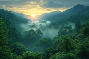 Beautiful sunrise over misty jungle landscape in the mountains