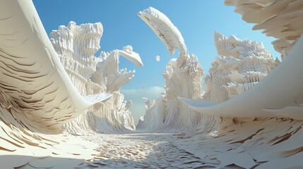 A wide shot of an alien landscape made out of pure white. The sky is blue and clear, and the ground has strange structures in it