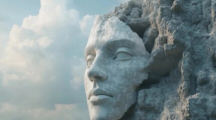 DVD screengrab from the film The Elder Scrolls, close-up of an ancient Greek marble statue head looking at the camera on top of Mount Rushmore in front of a blue sky and clouds