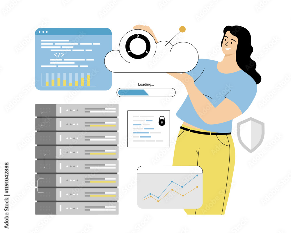 Poster cloud computing, hosting platform, big data processing. woman developer administrate cloud storage. 