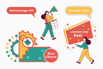 Colorful sale tags, discount labels, promotional stickers, speech bubbles, vibrant colors, flat design, marketing elements, shopping icons, percentage off, special offer graphics, retail signage, pric