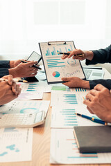 Planning data, annual reports, research and budgets in the office Company discussion with documents...
