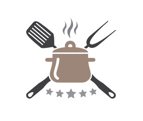 Food Pot and Spatula Fork Logo Food utensil Vector Design Cutlery Symbol Illustration