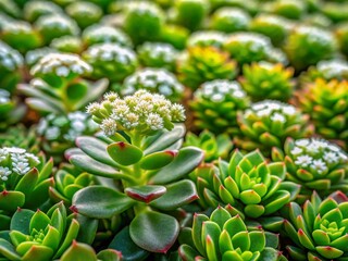 Silver Green Crassula Tillaea Succulent with Delicate White Flowers in a Natural Landscape