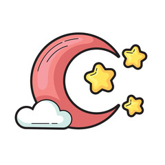 Pink crescent moon with three yellow stars near small cloud. Ideal for celestial or night sky themed designs for various projects