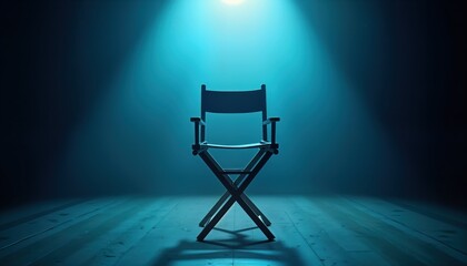 Empty room with director chair in center. Soft blue light illuminates chair creating mysterious atmosphere. Waiting for something significant, exciting. Potential scene for movie TV show. Empty space