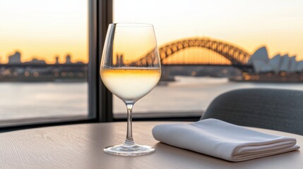 Obraz premium Elegant White Wine Glass on Table with Sydney Harbour Bridge and Opera House at Sunset in Background, Capturing a Tranquil and Scenic Moment