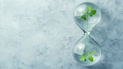 The hourglass of water with green plant and slogan of world water day's campaign, example texts, the day and name of event isolate on gray paper pattern background. 