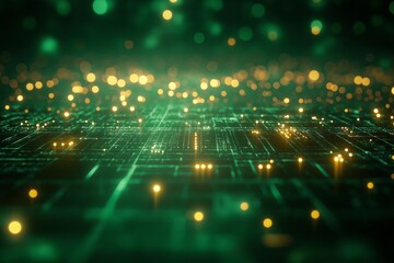 Fototapeta premium Futuristic grid landscape illuminated by soft glimmers in vibrant green hues
