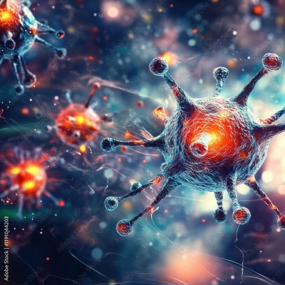 Poster viruses invade cells and interact with biological structures in a microscopic environment. generativ