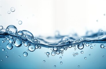 Pure water with bubbles. Water droplets and air bubbles create a fresh and clean scene. Transparent liquid flows. Clean background. Perfect for a healthy lifestyle concept.