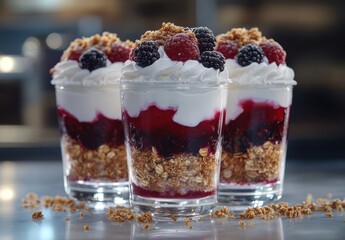 Delicious Layered Dessert in Clear Cups with Granola, Berries, and Whipped Cream for a Tempting Sweet Treat Ideal for Any Occasion