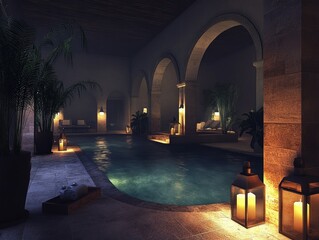 Serene Indoor Pool at a Luxurious Holiday Spa Retreat, Evening Ambiance with Candles and Tranquil Architecture