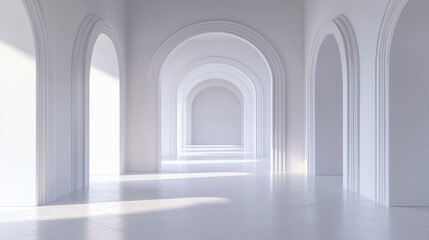 Sunlit white arched hallway interior.