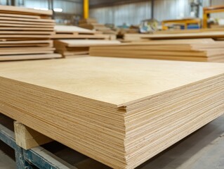 Stacks of Plywood Sheets in a Factory Showcase Efficient Wood Processing and Industrial Manufacturing