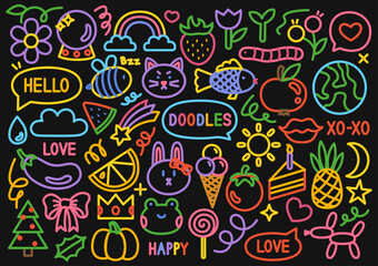 Doodle collection with animals, fruits, flowers, and cheerful elements like rainbows, stars, and hearts on a dark background in neon style. Perfect for kids projects, stationery, and fabric designs.