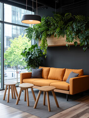 Modern lounge with orange sofa and greenery