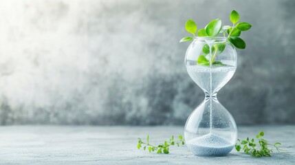 The hourglass of water with green plant and slogan of world water day's campaign, example texts, the day and name of event isolate on gray paper pattern background. 