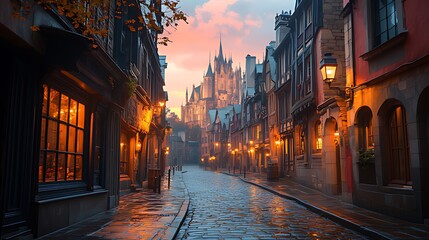 Obraz premium Cobblestone street at dawn, illuminated by streetlights, leading to a majestic castle.