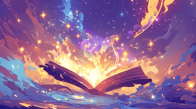 A glowing magical book radiates light as it opens to reveal swirling cosmic clouds and vivid colors, symbolizing imagination and adventure.