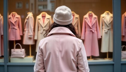 Person wearing hat examines fashionable pink, beige winter coats in store window. Woman stands outdoors in front of trendy boutique. Winter fashion display attracts attention. Customer enjoys window