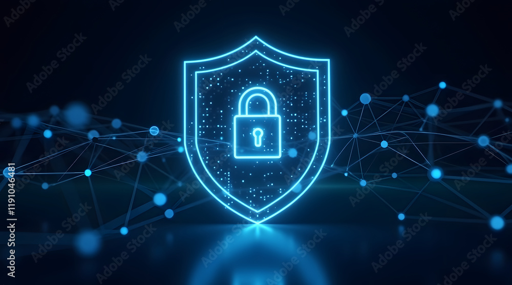 Poster a futuristic, glowing shield icon with a lock symbol in the center, representing cybersecurity and d