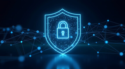 A futuristic, glowing shield icon with a lock symbol in the center, representing cybersecurity and data protection. The shield is illuminated in neon blue tones, with a digital matrix background