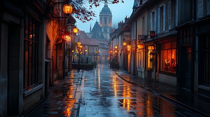 Fototapeta premium Wet cobblestone street at dawn, lined with buildings and illuminated by lanterns, church in background.