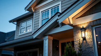 Illuminated Home Exterior at Dusk: Captivating Architectural Details and Warm Lighting