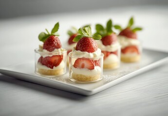 Delicious Mini Strawberry Desserts Served in Elegant Glass Cups with Cream and Fresh Mint for an Inviting Sweet Treat on a Plate