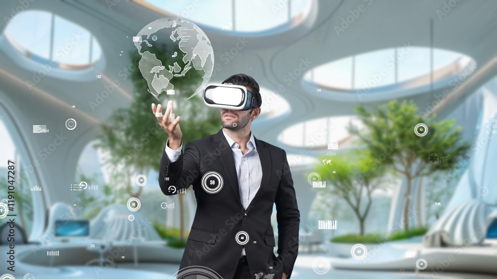 Poster professional business man holding network globe hologram while wearing vr glasses. skilled project m