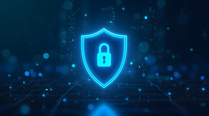 A futuristic, glowing shield icon with a lock symbol in the center, representing cybersecurity and data protection. The shield is illuminated in neon blue tones, with a digital matrix background