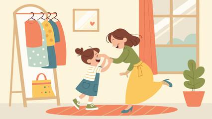 Dressing Up: Mother Helping Child with New Clothes. Perfect for: Shopping Days, Family Portraits, Home
