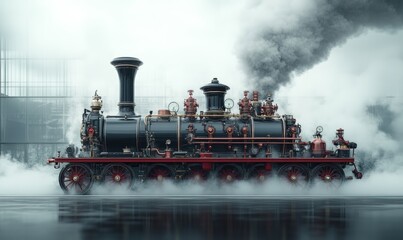 Naklejka premium Vintage steam locomotive, billowing smoke, wet surface.