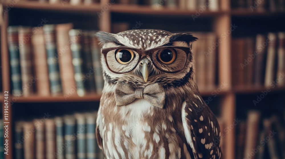 Poster owl posing elegantly in glasses and a bow tie in front of a grand bookshelf filled with books. gener