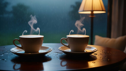 Fototapeta premium It's a beautiful rainy night with a light rain falling and two hot cups of coffee lying on the table Ai Generative 