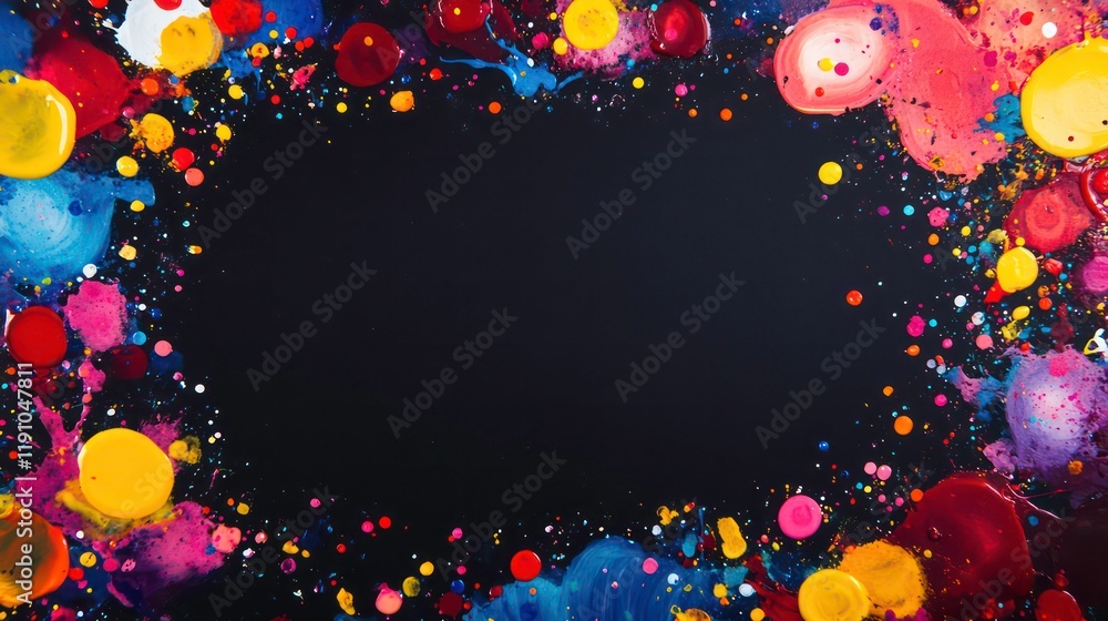 Poster close-up of an empty rectangular frame made of multicolored drops of color and paint on a black back