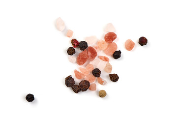 Himalayan pink salt with black pepper, isolated on white background.