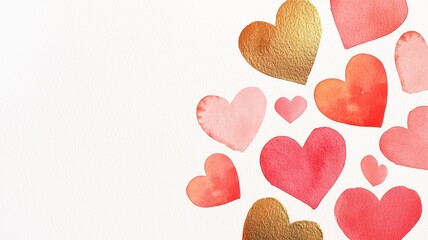 Fototapeta premium Valentine's day theme background. A collection of colorful watercolor hearts in various sizes, creating a cheerful and romantic design against a light background.