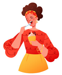 Person enjoying dessert. Woman holding takeaway creamy dessert in waffle cup with various toppings. Character eating dessert with spoon with great pleasure. Vector flat illustration isolated.