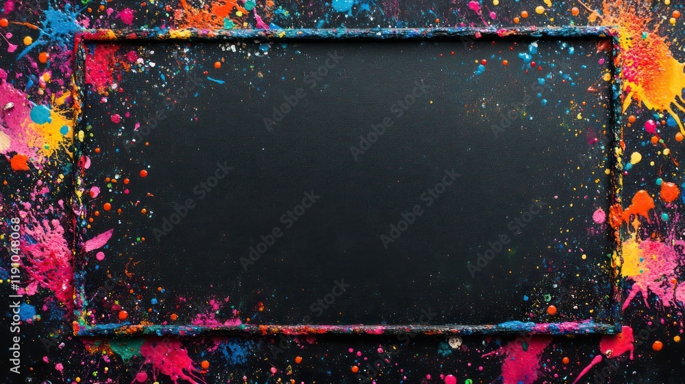 Poster close-up of an empty rectangular frame made of multicolored drops of color and paint on a black back
