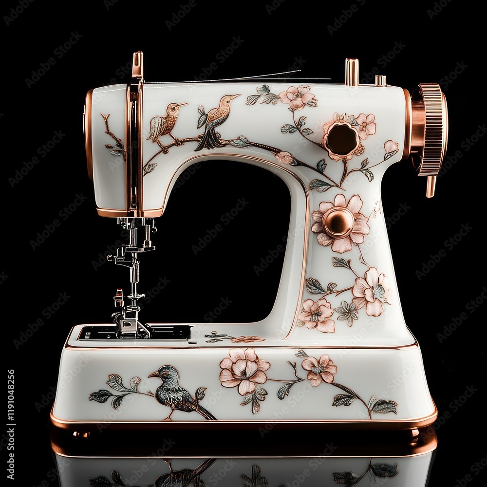 Wall mural Porcelain sewing machine, floral design, studio shot, black background, craft