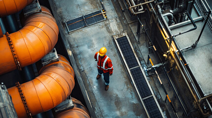 Industrial Worker Walking Along Pipelines in a Large Facility, Highlighting Safety, Engineering, and the Scale of Industrial Infrastructure in Energy and Manufacturing