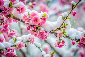 Snowy Pink Blossom Branch - Winter Floral Photography