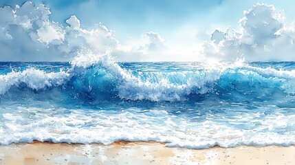 Fototapeta premium This watercolor painting captures the fluidity and movement of blue waves crashing against a white sandy shore