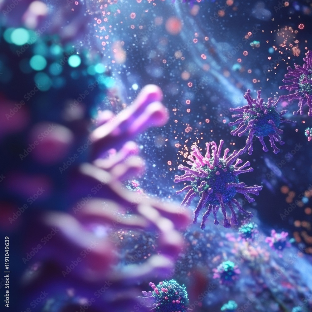 Poster viruses invading and interacting with host cells in a vibrant microscopic environment. generative ai
