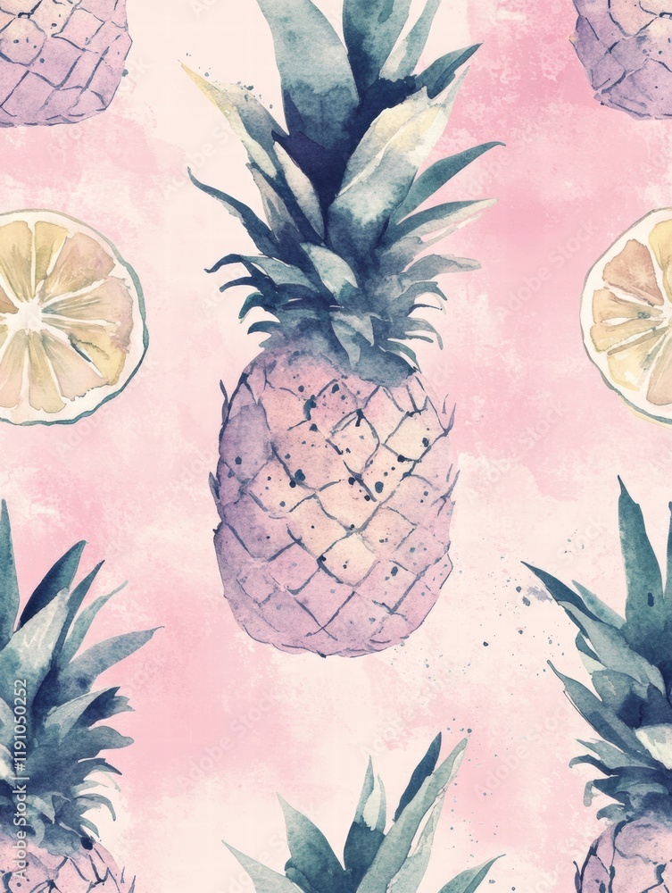 Aufkleber colorful watercolor pineapple and lemon pattern on a soft pink background showcasing tropical vibes 