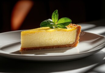 Delicious Slice of Creamy Cheesecake on a White Plate with Fresh Mint Garnish and Soft Lighting Enhancing the Texture and Color of the Dessert in a Gourmet Setting