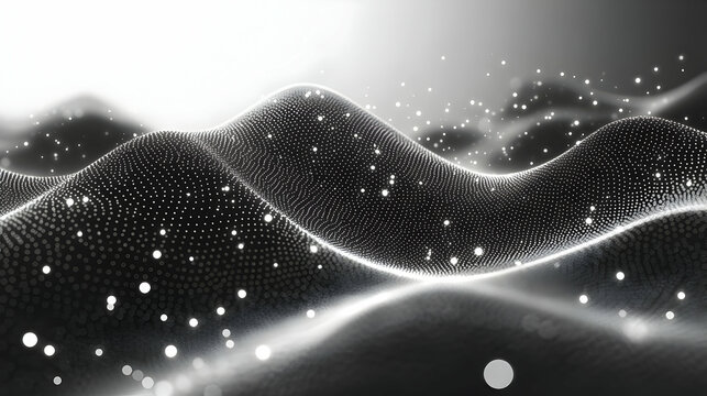 Abstract grayscale background with glowing particles and dynamic wave motion